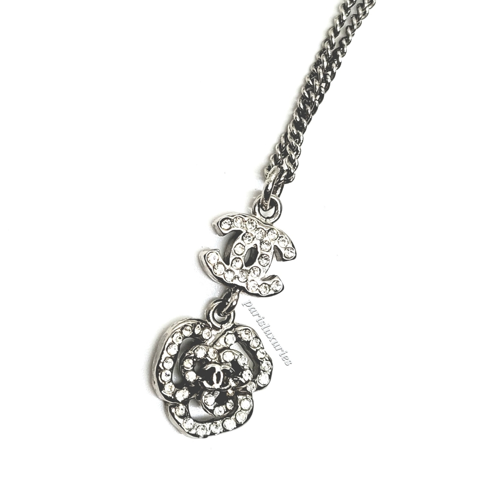 CHANEL Camellia Crystal Rhinestone Flower Pendant Necklace